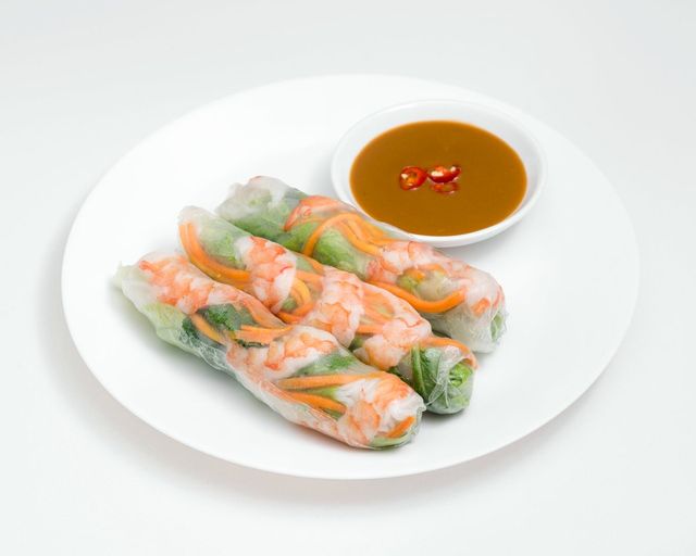 Prawn rice paper rolls with special peanut sauce
